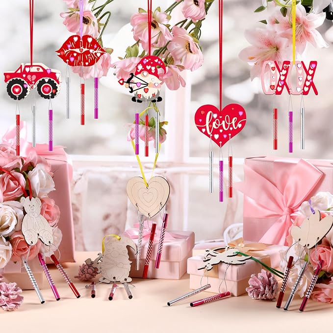 JellyArch 30 Pack Wind Chime Craft Kit Kids Adults, DIY Wooden Ornaments | Bulk Party Activities, Ocean Summer Theme with Bells Ribbons Paints, Heart Rainbow Animal Shapes for Home Decoration