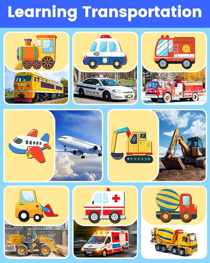 Benresive Wooden Toddler Puzzles, Toddler Toys, 1 2 Year Old Boy Girl Gift | 8 Pack Vehicle Montessori Toys for 1 2 Year Old, Preschool Educational Learning Toy, Great Birthday Gifts for Boys Girls