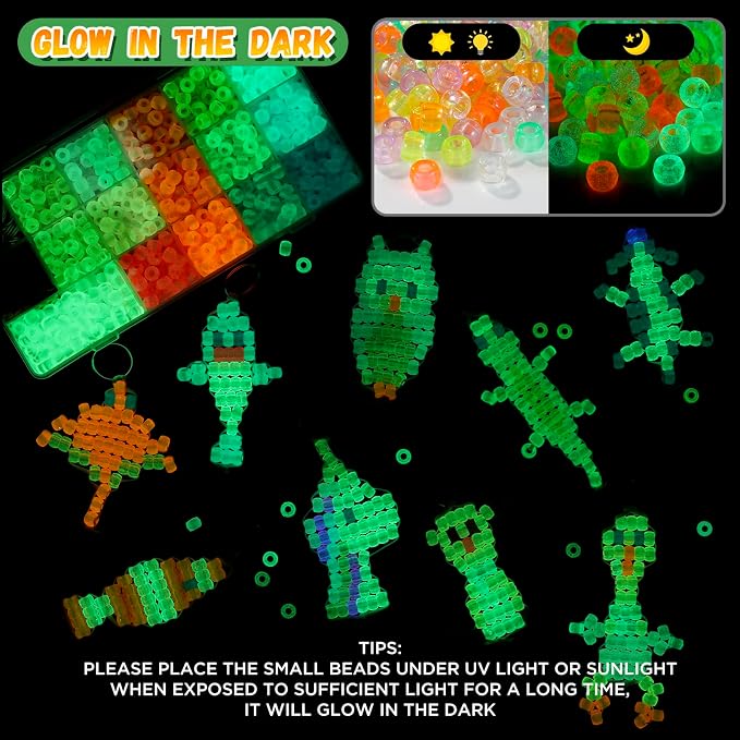Pony Beads Kit for Keychain Making, Glow in the Dark Bead Pets for Kid Girl | Animal Beaded Kit with 25 Design Instructions Storage Box, Funtopia Beginners Kids Craft, Rainy Day Group and Family Activity