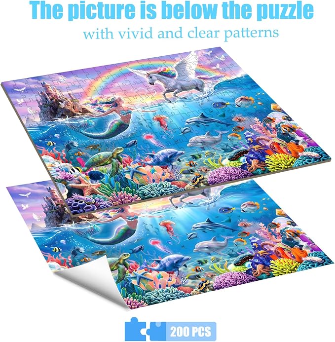 Puzzles for Kids Ages 6-8 8-10 - 200 Piece Puzzles Mermaid Unicorn Puzzle | 200 Piece for Learning Educational Puzzles .Puzzles for 6 7 8 9 10 11 12 years old boys and girls.Learning Puzzle Toy