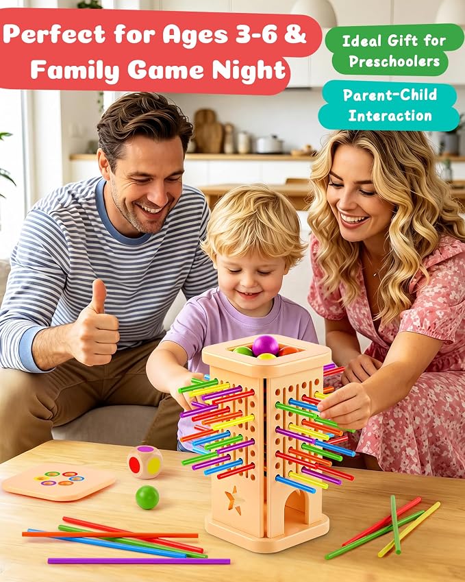 Montessori Wooden Board Game for Kids 3–8, Color Matching Fine Motor Toy | 36 colorful sticks, 3 play modes, fine motor skills & family fun — CPC-certified wood, safe ages 3–8, gift for boys girls
