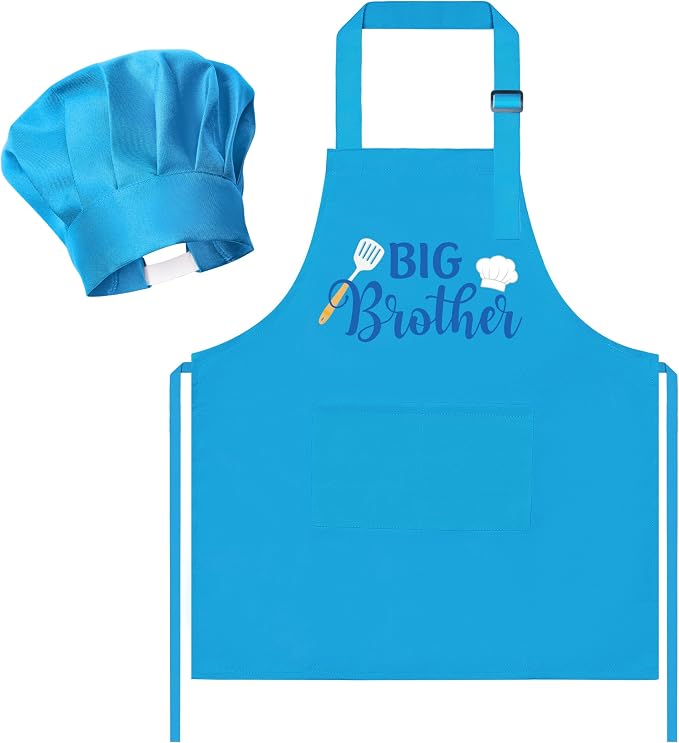 R HORSE Kids Apron and Chef Hat Set - 2Pcs Blue Big Brother Adjustable Children Kitchen Apron, Dress up Role Play Chef Toy Cooking Baking Painting and Training Kit for Boys Funny Cooking Birthday Gift