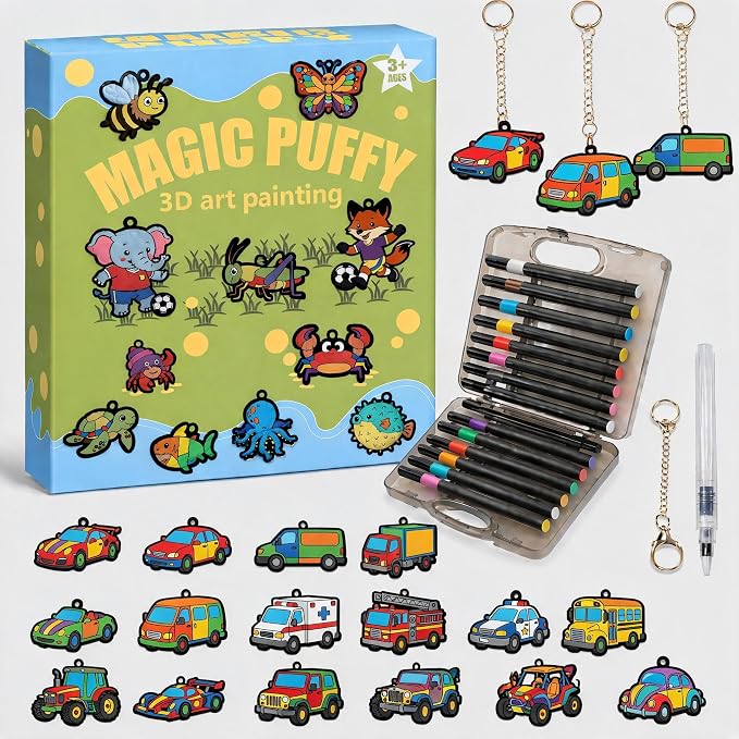 MWOMGLP Magic Foam Texture Painting Kit, 16 Pack DIY Puffy Foam Art Craft Set for Kids, 3D Sensory Painting Paper with Colorful Foam Sheets, Creative Gift for Boys Girls Ages 3+(Car)