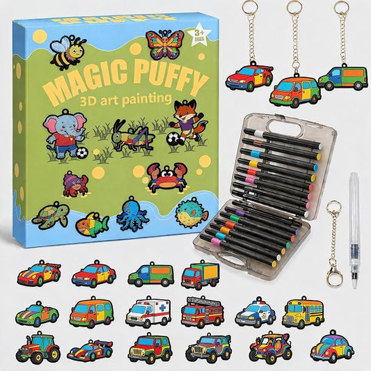 MWOMGLP Magic Foam Texture Painting Kit, 16 Pack DIY Puffy Foam Art Craft Set for Kids, 3D Sensory Painting Paper with Colorful Foam Sheets, Creative Gift for Boys Girls Ages 3+(Car)