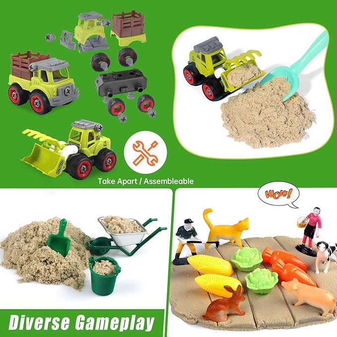 Aliex Farm Sensory Bin, Sensory Kits with Play Sand for Toddlers Ages 3-8 | 31pcs Farm toys with 2.2lbs moldable magic sand, animals trucks for creative play, sandbox with lid, birthday gift for boys