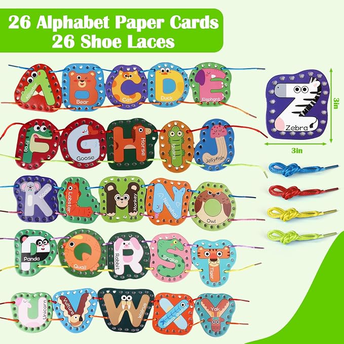 Vodolo 26 Pieces Lacing Cards Travel Sewing Kit for Kids, Letters Sequencing Threading Toy, Double Sided Fine Motor Skills Learning Toys, Classroom Supplies