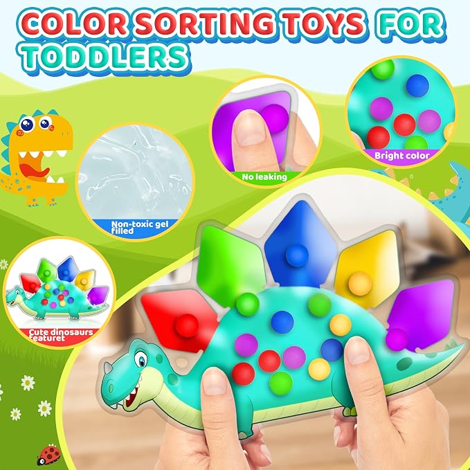 Dinosaur Color Sorting Sensory Toy Travel Toys for Toddler 1-3 Airplane Squishy Squeeze Toy Roadtrip Essenstial for Toddlers Boys Gift Fine Motor Autism Calm Fidget Montessori Preschool Activities Kid