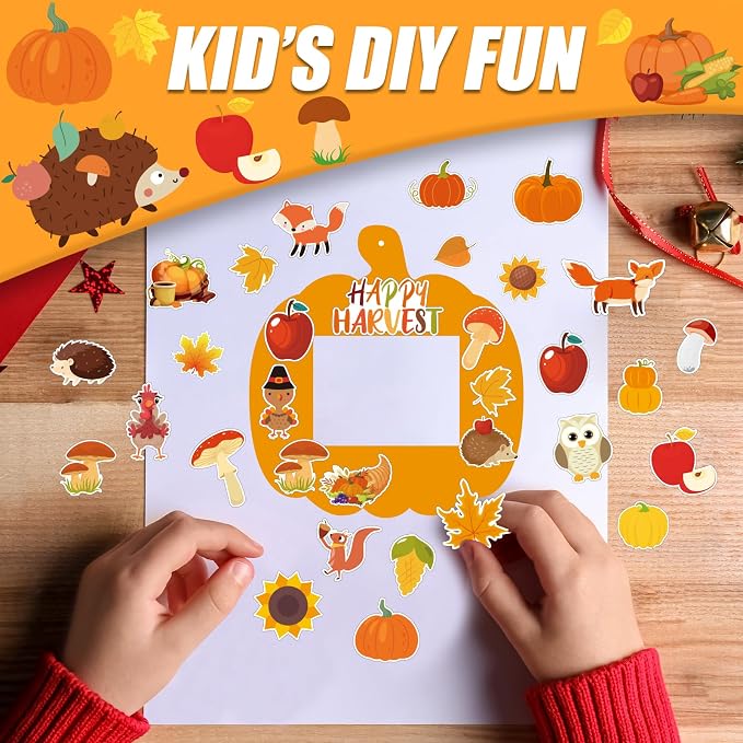 Kepeel 30 Packs Fall Picture Frame Craft Kit for Kids, Thanksgiving | Pumpkin-shaped fall picture frame crafts with autumn stickers for Thanksgiving classrooms, family activities and displays