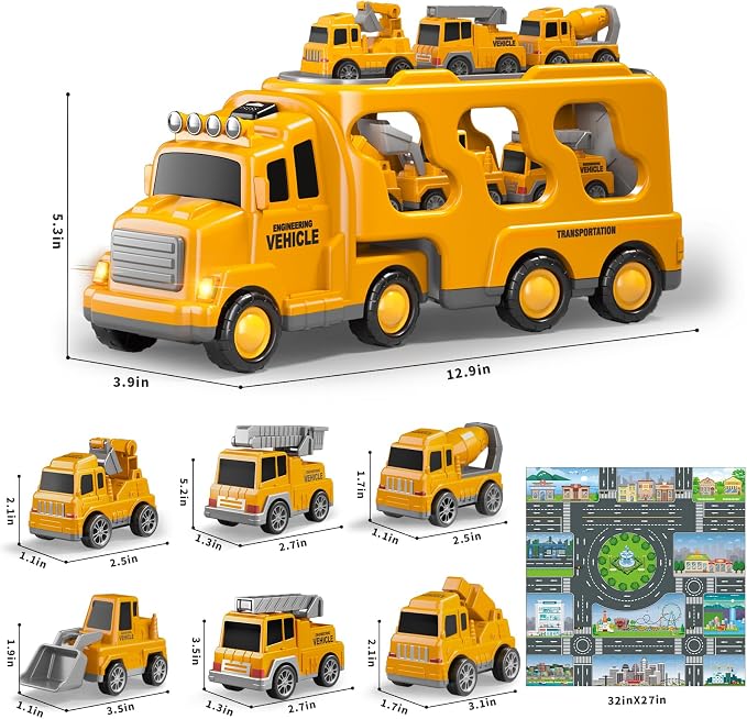 Beby Buty 8 in 1 Construction Trucks Cars Toys for Toddlers 3-5, Boy Toddler Car Truck Toys with Playmat and Light Sound, Birthday Gifts for 3 4 5 6 Year Old Boy