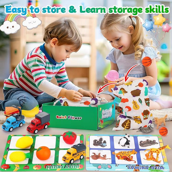Quiet Flower 59 Pcs Sorting Toys for Toddlers 3-5, Dinosaur & Vehicle Matching Game with Flashcards, Sensory Educational Materials for Autism & Speech Development, Preschool Fine Motor Activities Gift