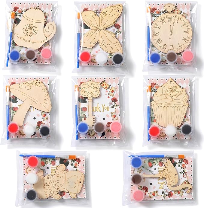 Saypacck 24 Pcs Wonderland Party Favors Wooden Paint Craft Kits | 8 Unicorn Butterfly Designs, Paint Colors Included, Goodie Bags Fillers Wonderland Decorations Fairy Wands Theme Crafts