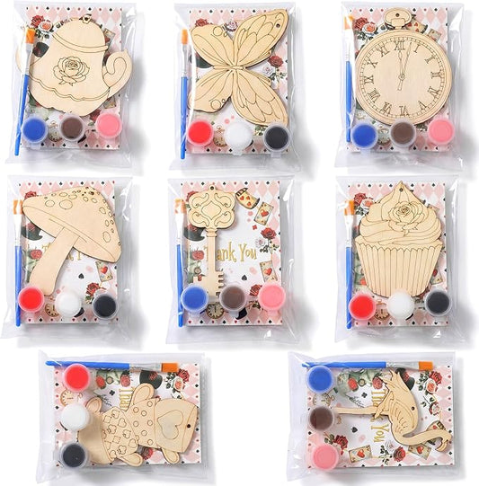 Saypacck 24 Pcs Wonderland Party Favors Wooden Paint Craft Kits | 8 Unicorn Butterfly Designs, Paint Colors Included, Goodie Bags Fillers Wonderland Decorations Fairy Wands Theme Crafts