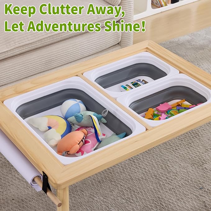 Sensory Table for Toddlers Kids, Wooden Activity Table for Play Study Paper Roll Holder Indoor/Outdoor Montessori Play Sand and Water Table with Foldable Toys Storage Bins