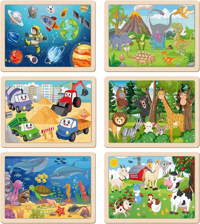 Puzzles for Kids Ages 3-5, Wooden Jigsaw Puzzles 24 Pieces 6 Pack | Colorful Toddler Puzzle Set, Educational Learning Toys, Birthday Gifts for Boys Girls