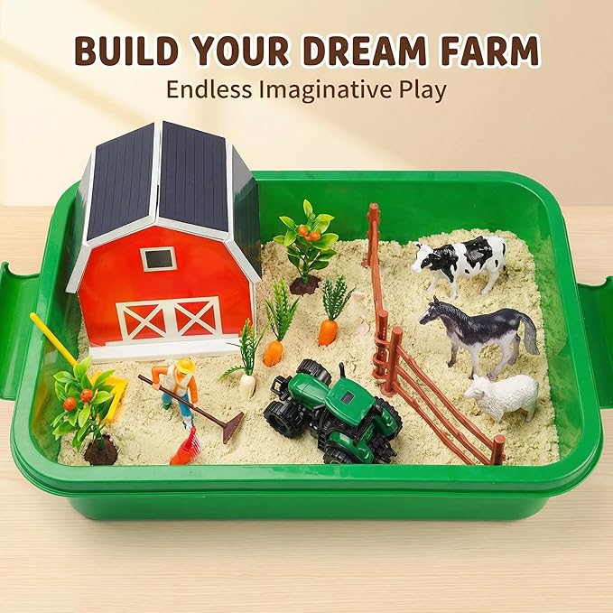 Carolart Farm Sensory Bin with Sensory Sand, Barn Toys & Tractor | Farm toys with farm animals, sensory toys for toddlers, gift for boys and girls ages 3-8