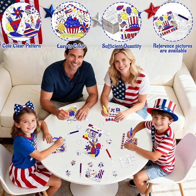 24 Sets 4th of July Patriotic Crafts for Kids, Independence Day Crafts Activities DIY Puzzle Kits Red White Blue Flag Star Memorial Day Jigsaw Painting Arts for Party Favors Gift Supplies Coloring Toy