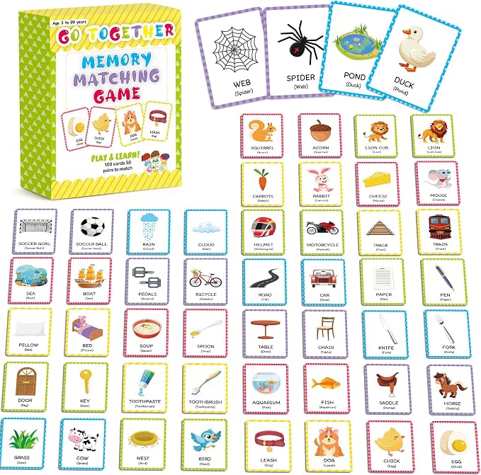 gisgfim 100 PCS Go Together Memory Matching Game Associations Learning Flashcards Educational Vocabulary Sorting Concentration Memory Card for Preschool Ages 3-8 A Fun & Fast Activities Matching Games