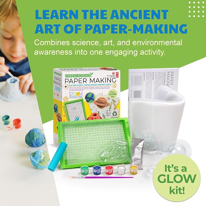 4M Green Science Paper Making Kit for Kids Ages 5-12 – Recycled Paper Craft STEM Set with Moulds, Glow-in-the-Dark Paint, Dinosaur & Planet Molds, Red Dot Award Winner, Eco-Friendly DIY Gift