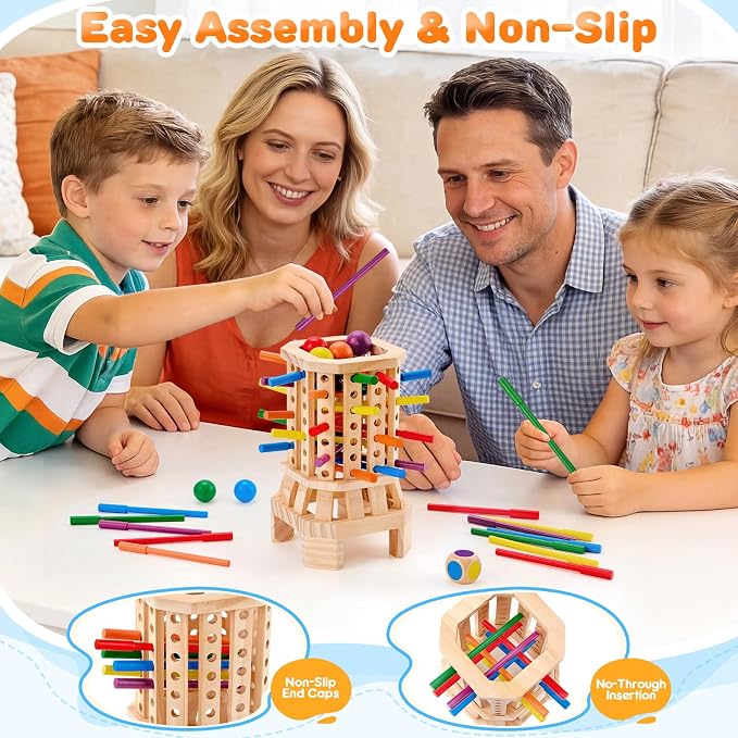 Montessori Wooden Board Game, Colorful Sticks & Ball Drop Games for Kids, Fine Motor Skills & Math Learning Toy for 3 4 5 6 Year Old, 2-6 Player Family Travel Game, Birthday Gift for Boys Girls Age 3+