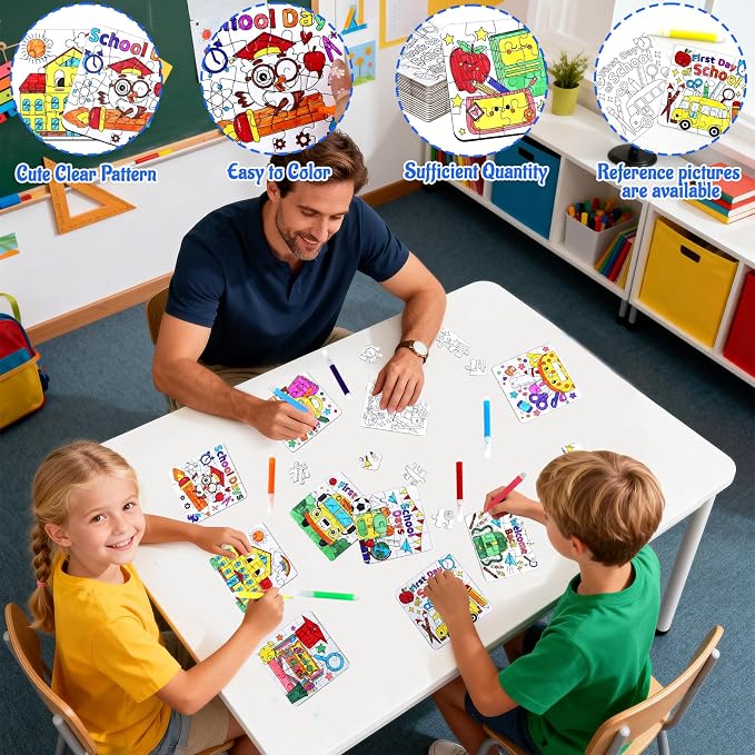 24 Sets Back to School Crafts for Kids Bulk, First Day of School DIY Arts Kits Puzzle Activities Bus Glasses Apple Pencil, Religious Jigsaw for Classroom Gifts, Party Favors, Coloring Games Supplies