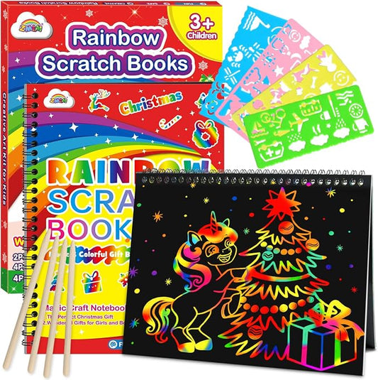 ZMLM Scratch Paper Art-Crafts Gift: 2 Pack Rainbow Notebooks Supplies Toys | Art Crafts for 3 4 5 6 7 8 9 10 11 12 Years Old Girls and Boys Kids Birthday Christmas Party Travel Games Activities Xmas