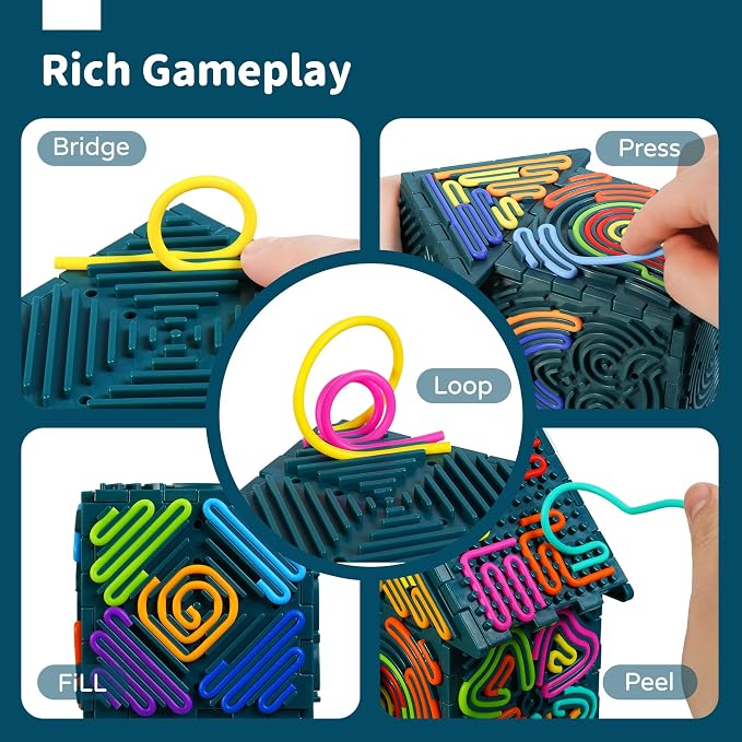 Sensory Fidget Toys for Kids Adults，3D Sensory Activity Board for Stress Anxiety Autistic ADHD，Contains 30 Silicone Cords，Silent, Calming, Focus, Fingertip Gift for Girls Boys
