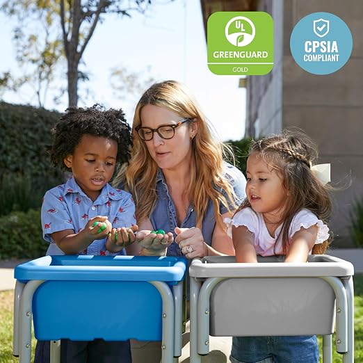 ECR4Kids 2-Station Sand and Water Adjustable Play Table, Sensory Bins, Grey/French Blue | Durable plastic/steel, GREENGUARD Gold Certified, 3-5 years, 80 lb capacity, adjustable legs, easy-lift lids, indoor/outdoor