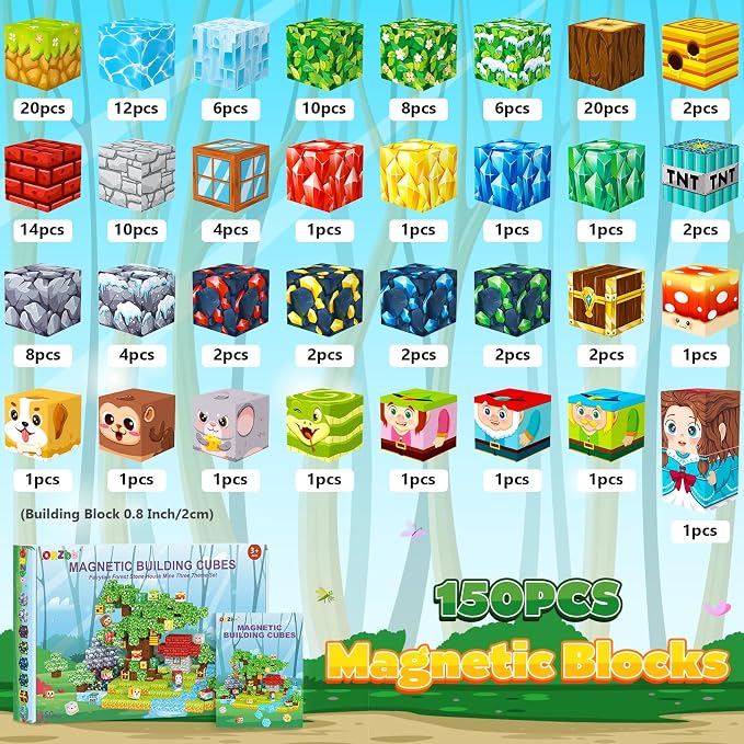 ORZbb 150PCS Magnetic Blocks, Magnet Cubes Building Blocks Toddler Travel Toys for 3-5 5-7 8-13 Year Old Boys Girls, Montessori Sensory Kids Toys & Games, Kids Birthday Decorations Party Favors Gifts