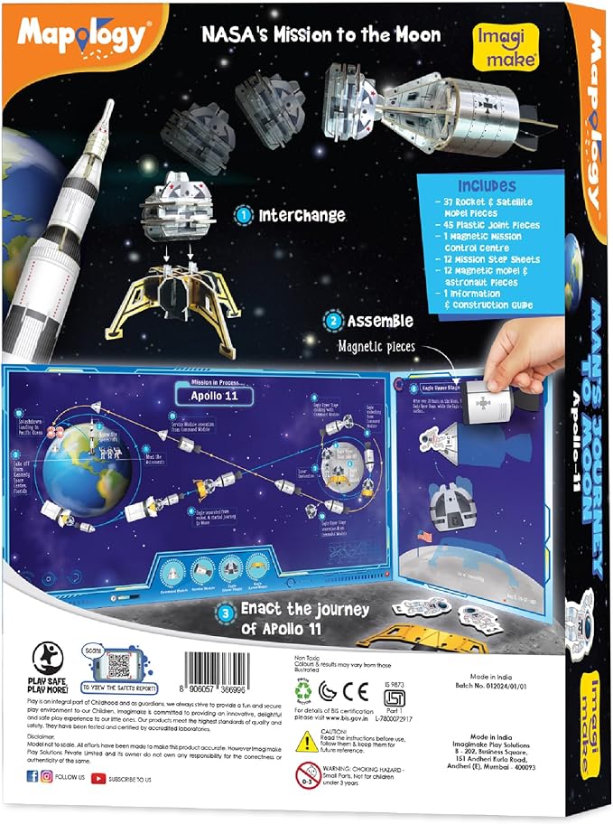 Imagimake Mapology Man's Journey to Moon, Apollo 11 3D Model Kit for Kids | Educational STEM Model Kit, Build Rockets & Satellites, Back to School Gift for Boys & Girls Ages 8,9,10,11,12 Years Old