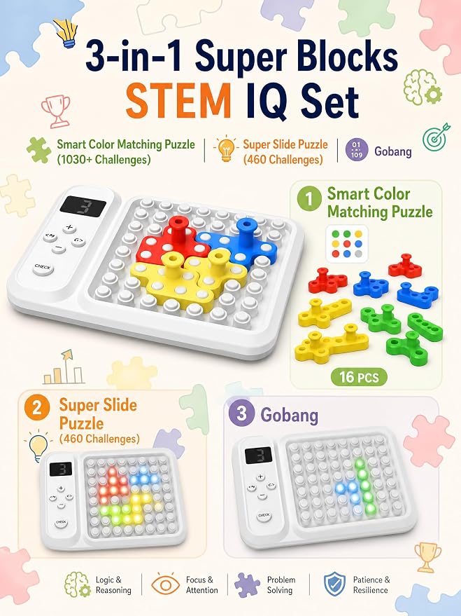 Super Blocks STEM IQ Games Pattern Color Matching & Slide Puzzles | 1030+ Color Matching Puzzles, 460+ Slide Puzzles, Brain Teasers & Logic Solving, For Kids & Teens
