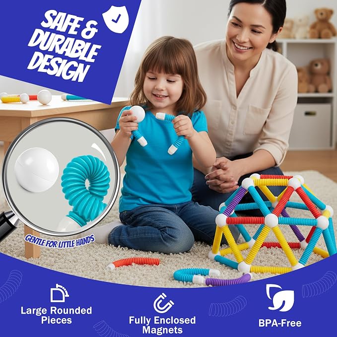 Flexible Magnetic Tubes for Kids, 66 PCS STEM Learning Builder Set | Flexible Magnetic Building Sticks, Build Snap & Shape Creative Structures, Sensory Learning Gift for Kids