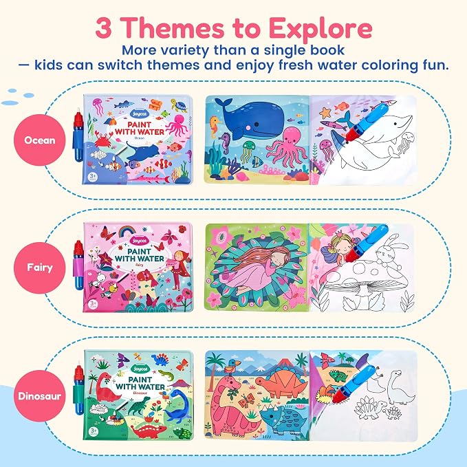 JoyCat 3 Pack Painting with Water Coloring Book for Toddlers Ages 3-5 | Water Coloring Books with Water Pens, No Mess Travel Toy for Kids to Develop Creativity,Educational Learning Kits Gifts