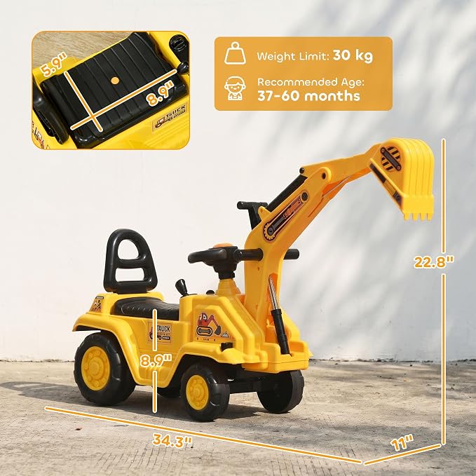 HOMCOM Ride On Excavator Pull Cart, Kids Digger Ride on Truck with Horn, Under Seat Storage, Sit and Scoot Pretend Play Toy Construction Car for Ages 18-48 Months