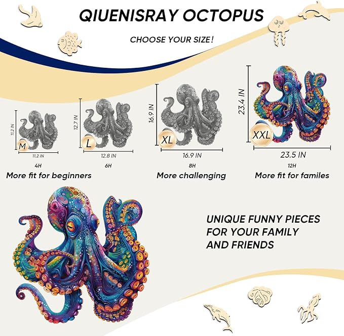 Qiuenisray Wooden Puzzles 1000 Pieces, Octopus Ocean Jigsaw Puzzles | Wooden Adults Puzzle, FSC Certified Unique Shape Adult Puzzles Pieces, Wall Decor for Family Game 23.4x23.5 in