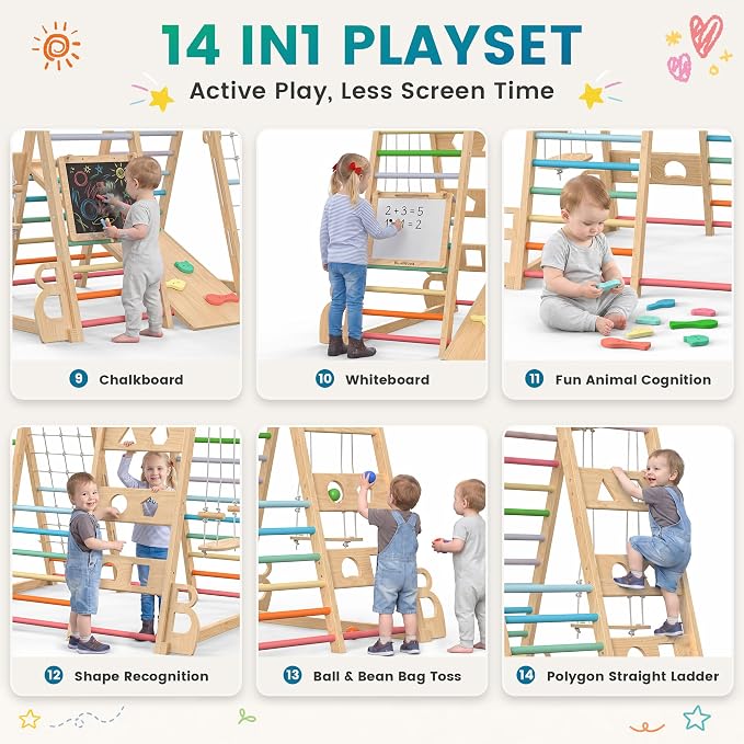 Upgraded Indoor Jungle Gym 14-in-1 Playground Kids Climbing Toys | Waldorf Style Wooden Climber Playset with Slide, Swing, Monkey Bars, Upright/Rope Ladder, Climb Net, Colorful