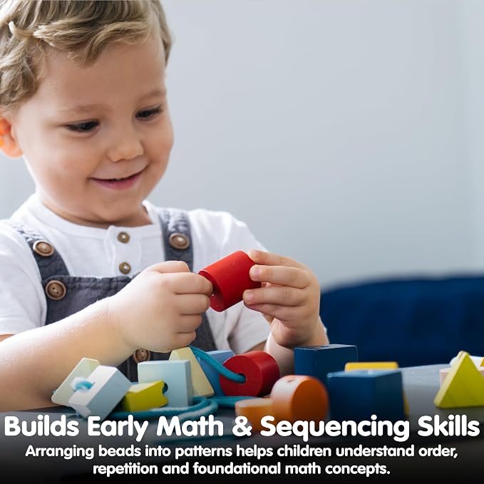 PlanToys® Geo Lacing Beads Wooden Montessori Fine Motor Early Math Kids Toy | geo lacing beads, wooden montessori fine motor early math, shape recognition colour exploration, threading coordination, kids