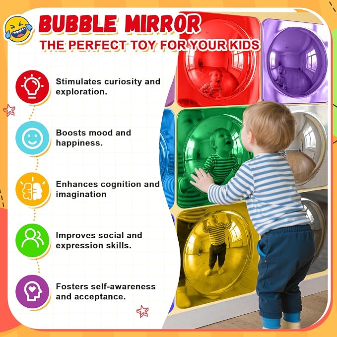 Geiserailie 9 Pcs Sensory Wall Bubble Mirrors, 10 x 10 Inch, CPC Certified | Colorful Acrylic Convex Mirrors, Sensory Room must haves, Classroom Learning Tool, Calming Corner, Preschool Daycare Activity