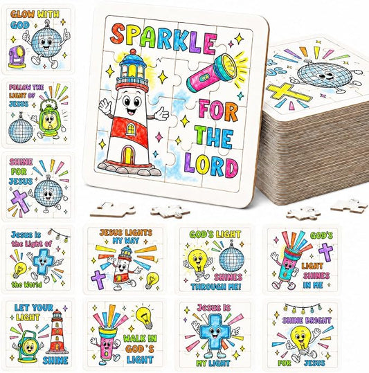 Cinrobiye 24 Pcs 2026 VBS Jesus is the Light Coloring Puzzle Crafts Illumination Theme Christian Jigsaw Puzzle Craft for Vacation Bible School Sunday School Activities and Church Events