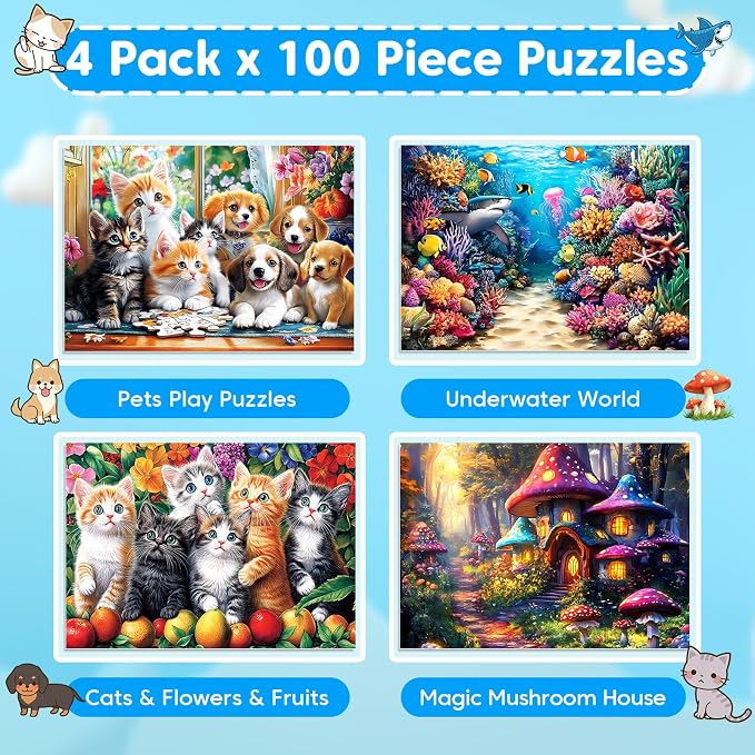 4 Packs 100 Piece Puzzles for Kids Ages 4-6 6-8 8-10, Cats Dogs Sea World Mushroom Large Piece Puzzle for Seniors 100 Pieces Adults Jigsaw Puzzle Learning Educational Xmas Toys for Boys and Girls
