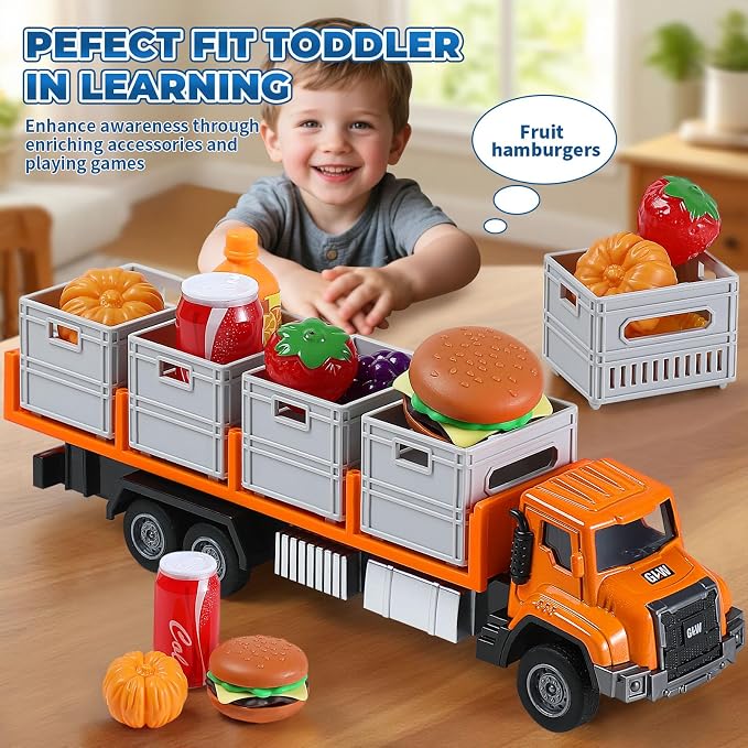 Food Transport Truck Toy for Age 3-8 Kids – Alloy Vehicles Head 1:55 Goods Trailer with Cargo Box and Food Model, Lights & Sounds (Transport Truck Orange)