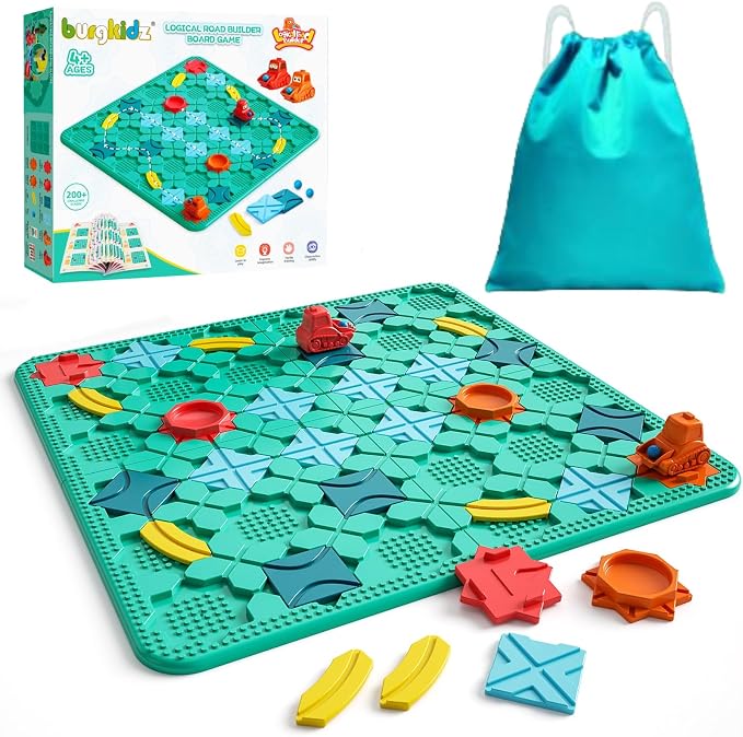 burgkidz STEM Road Build Puzzle: Teal Board, 200+ Chal. w/ 2 Cars | Teal creative board: 14 tracks, 2 start/end, 2 windup cars. 200+ puzzles, 4 levels, 3 modes. Dots fit bricks. Storage bag