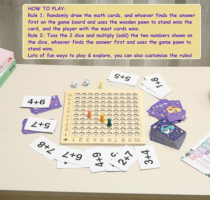 2 in 1 Multiplication Addition Math Board Game for Kids - Wooden Montessori Math Toys for Girls Boys 4 5 6 7 8 9 Years Old Wood Double Sided Board Table Dice Card Games for Family