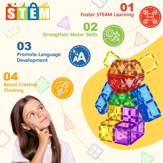 60 PCS Magnetic Building Tiles Kids Toys STEM Magnetic Blocks Sensory Toys | Kids Games Magnetic Tiles Magnet Toys for Boys Girls Aged 3+, Kid Brain Development Preschool Kindergarten Toddler Toy