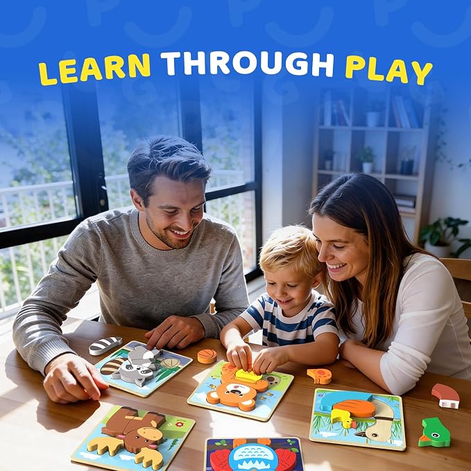 BenBen Wooden Puzzles for Toddlers 1-3, 6 Pack Animal Puzzles for Toddlers 2-4, Montessori Toys for 1 2 3 Year Old Boys Girls, Learning Educational Preschool Toys