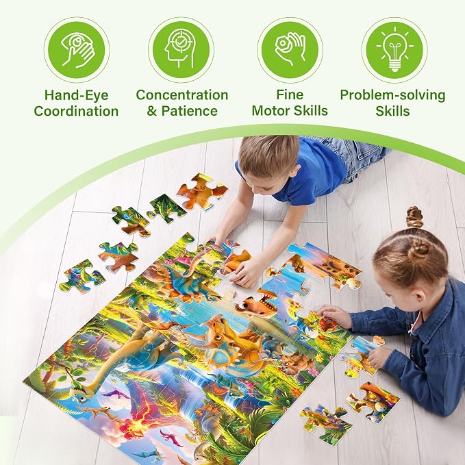 BenBen Floor Puzzles for Kids Ages 4–6, 2 x 3 Feet Jumbo Dinosaur Puzzle | 48 Pieces Extra Thick Large Piece Jigsaw Puzzle for Toddlers, Preschool Educational Toy with Storage Box for Girls Boys