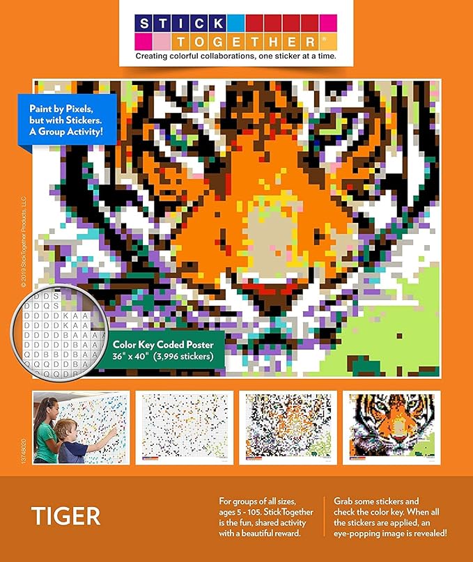 4 Pack Bundle Mosaic Sticker Art for Kids and Adults Includes Hot Air Balloon, Tiger, Butterfly and Sunflowers Posters, Large Sticker by Number/Letter Posters 36" x 40" with 3,996 Stickers