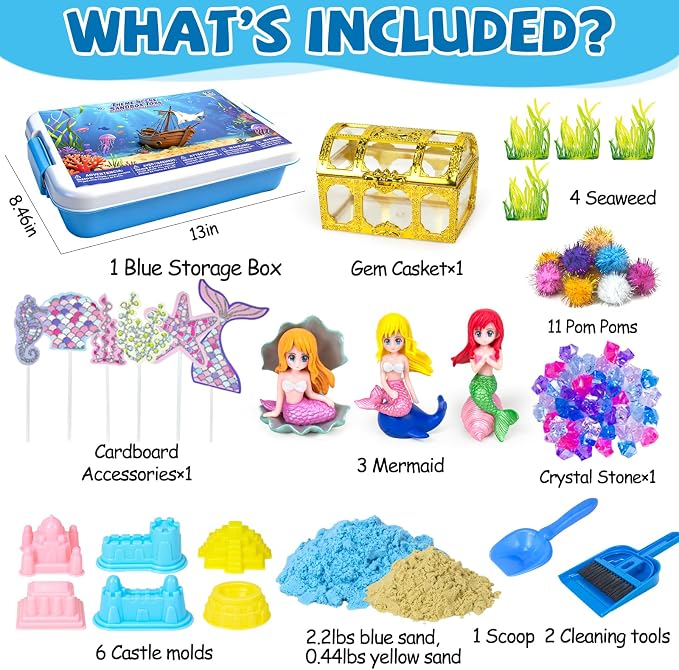 YongnKids Sensory Bin Sandbox Mermaid Toys with Magic Sand for Girls Kids | Play Sand Toy Sensory Bin Pretend Play Beach Toy with Sand & Castle Mold,Great Christmas Birthday Gift for Girl Boys Age 3+