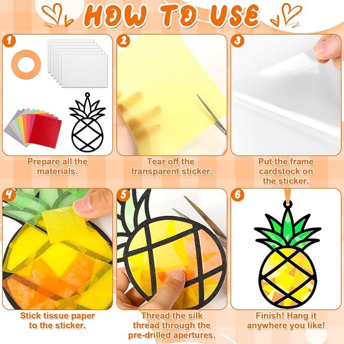 Qyeahkj 36 Sets Summer Suncatchers Crafts for DIY Summer Beach Fruit Tissue Paper Craft Kit Hawaiian Tropical Stained Glass Effect Window Ornaments Decoration for Home Art Project Party Favor Gift