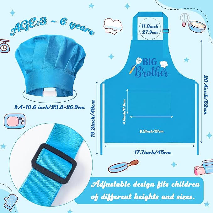 R HORSE Kids Apron and Chef Hat Set - 2Pcs Blue Big Brother Adjustable Children Kitchen Apron, Dress up Role Play Chef Toy Cooking Baking Painting and Training Kit for Boys Funny Cooking Birthday Gift