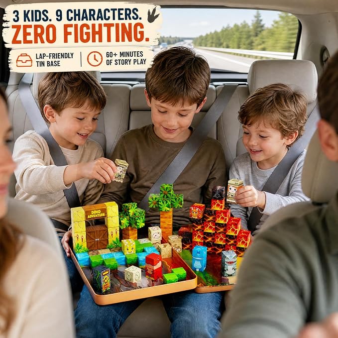 Dinosaur Magnetic Blocks Travel: 1.48lb 100PCS Volcano Tin Set | 7 Dinos 2 Explorers 60-Min Multi-Kid Story, N32 Quiet Road Trip Car Airplane Activities Toys for Kids Boys Girls Ages 3-8